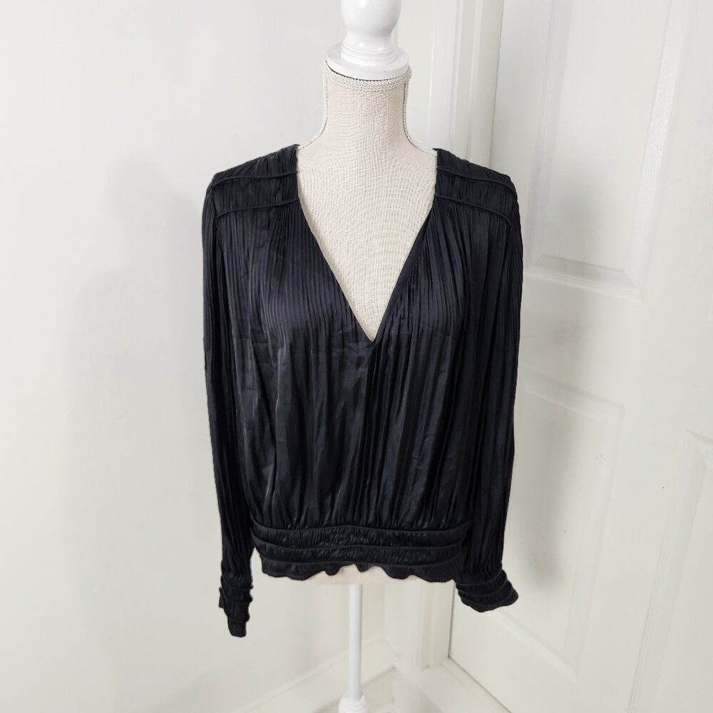 Frame Top Womens XL Black Full V Neck Pleated Smocked Waist Blouse Formal New